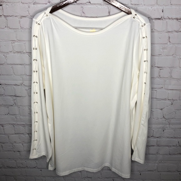 Belle by Kim Gravel Tops - Belle By Kim Gravel White Lace Up Sleeve Top